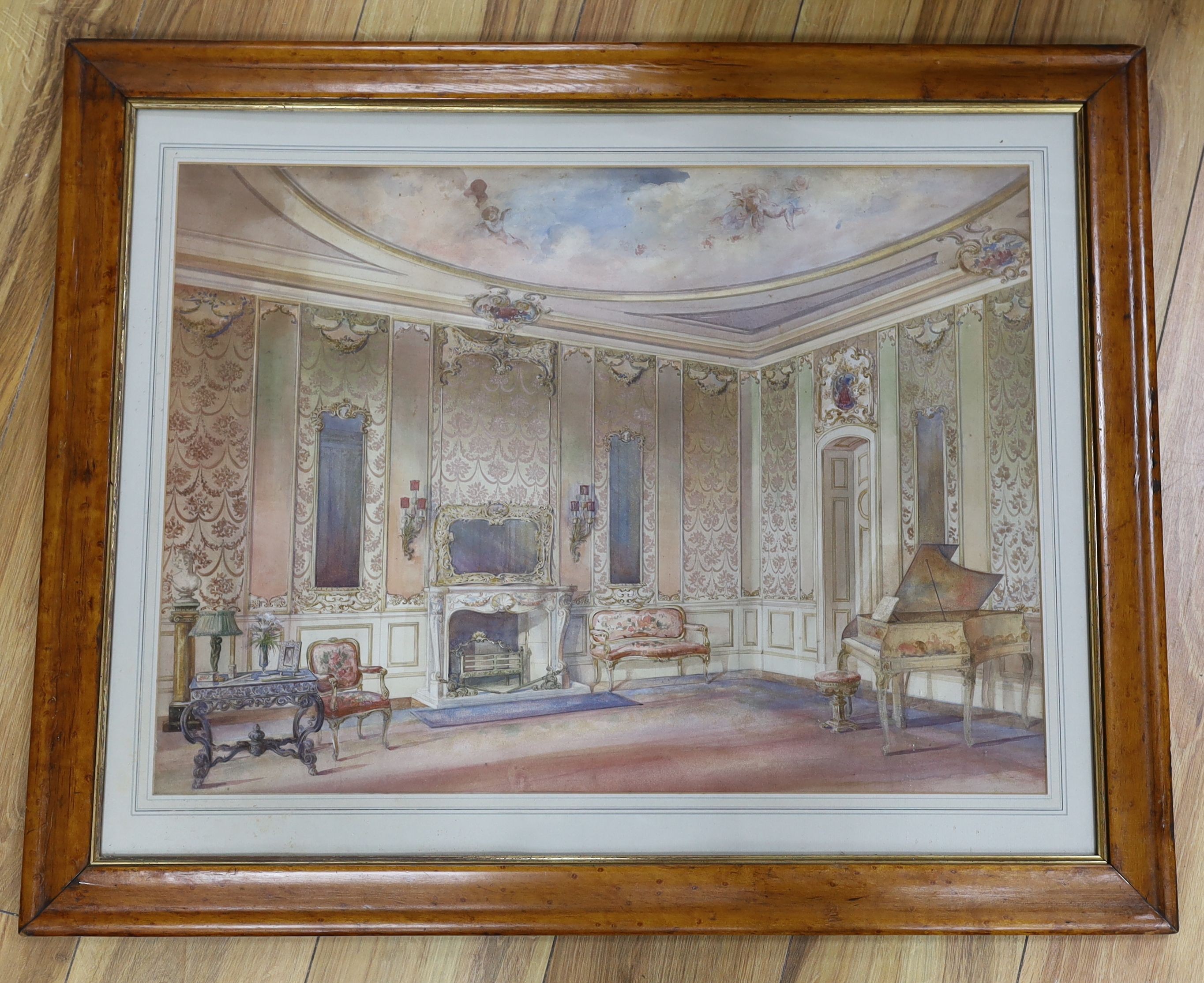 19th century English School, watercolour, Music room interior, 45 x 62cm, maple framed